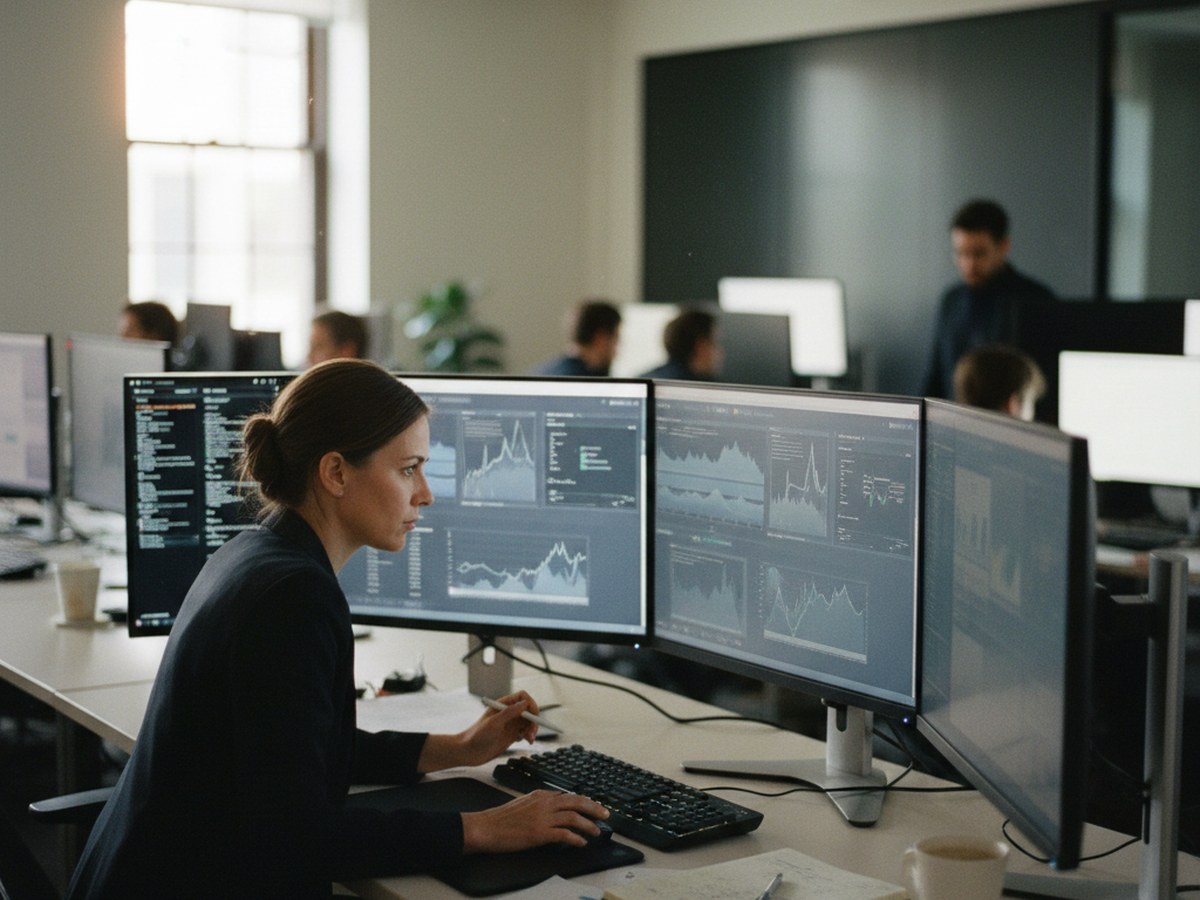 An analyst at a multi-monitor desk cross-checking a claim against two different source windows