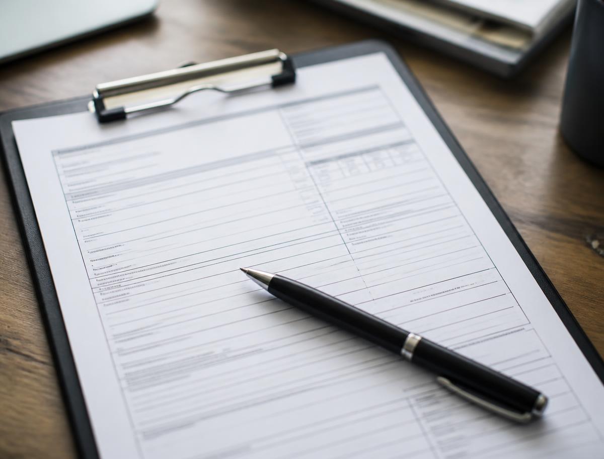 A blank intake form on a clipboard with a pen resting on it