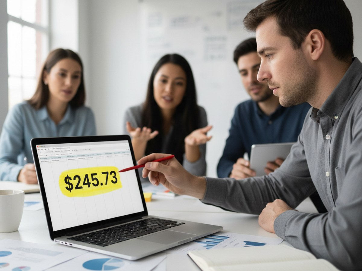 An analyst highlighting a fully-loaded hourly cost figure in a spreadsheet on a laptop screen