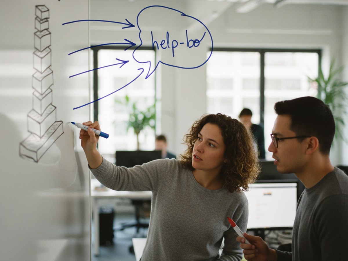 Two teammates at a whiteboard tracing arrows from a stack of help docs to a chat bubble sketch