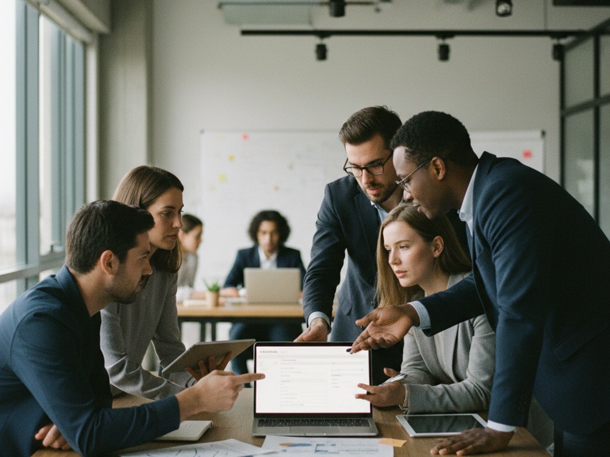 A team gathered around a laptop discussing which fields a record enrichment run should fill in
