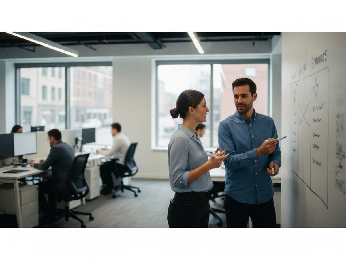 A recruiter and hiring manager at a whiteboard sketching a candidate scorecard with must-haves and nice-to-haves
