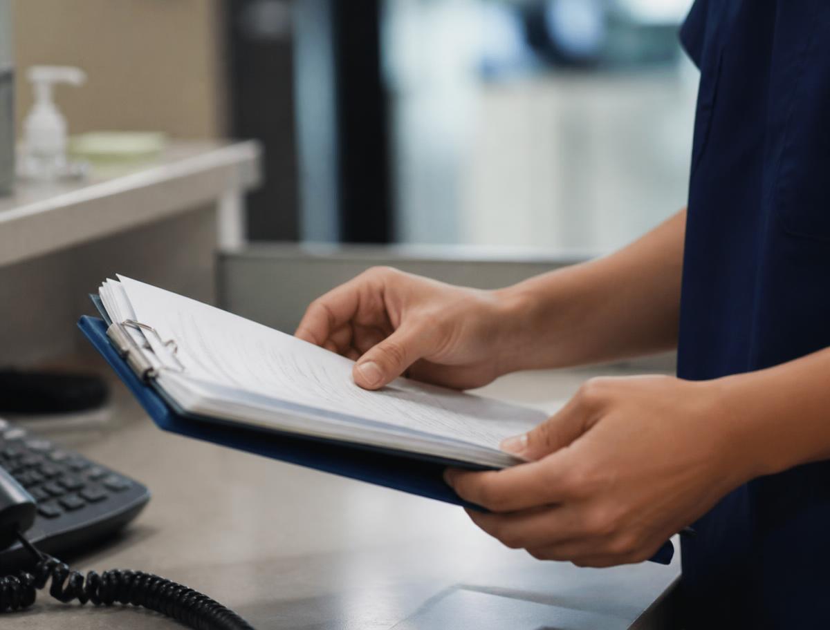Hands assembling a patient chart packet with clipped documents on a clinic desk