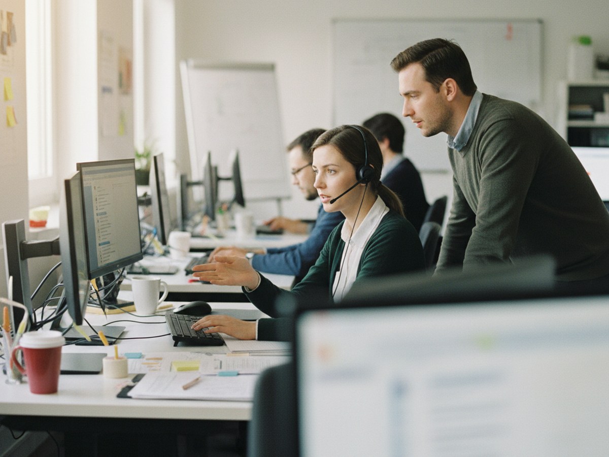 A customer support agent at a desk talking through an escalation with a colleague