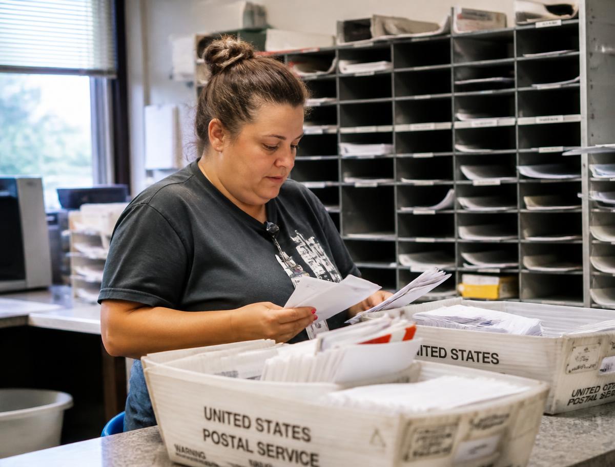 A mailroom worker sorting incoming envelopes and paperwork into labeled trays