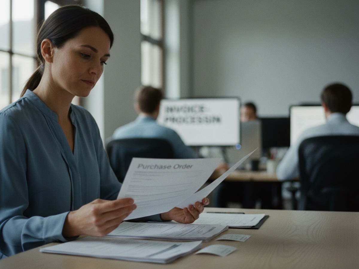 A bookkeeper comparing a printed purchase order against an invoice and a delivery receipt on a desk
