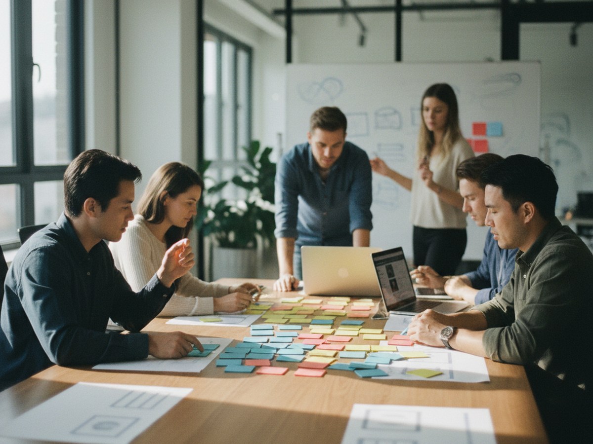 A team arranging color-coded index cards into categories on a large table to map out a content taxonomy