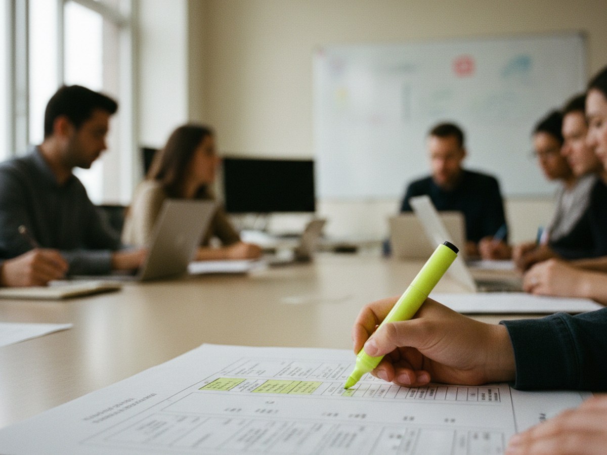 A person highlighting variable fields in a printed prompt template with a yellow marker