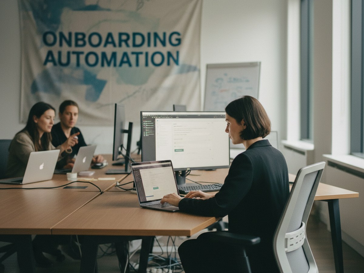An HR specialist at a laptop provisioning accounts across multiple system logins on screen