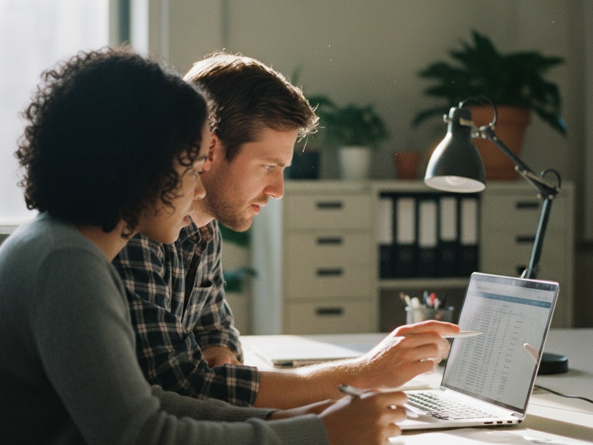 Two coworkers testing an automation on a laptop with sample data entries visible