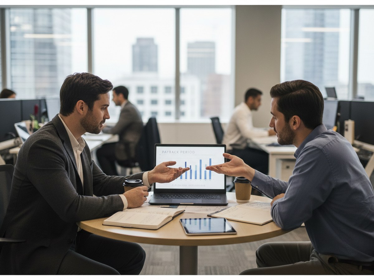 A manager presenting a payback period chart on a laptop to a colleague across a small meeting table