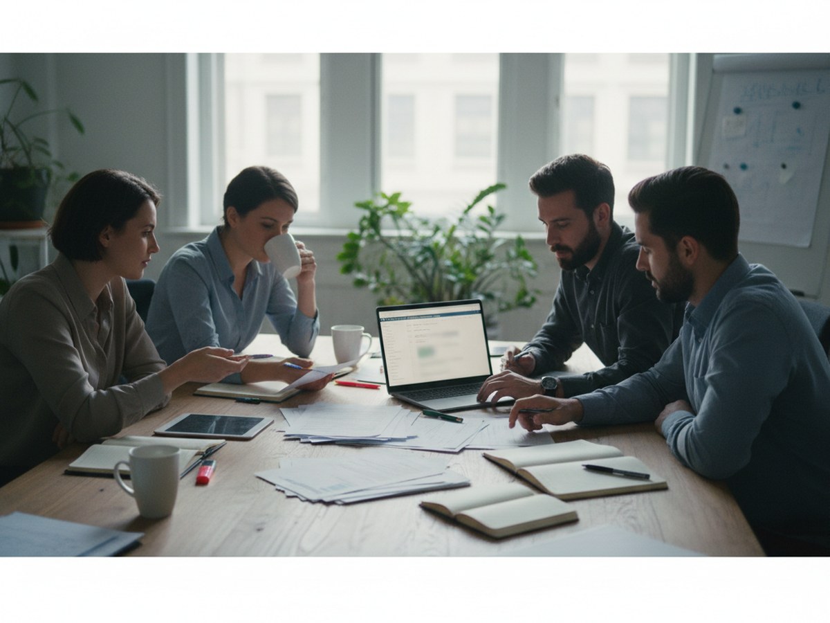 A small HR team meeting around a table reviewing a shortlist together