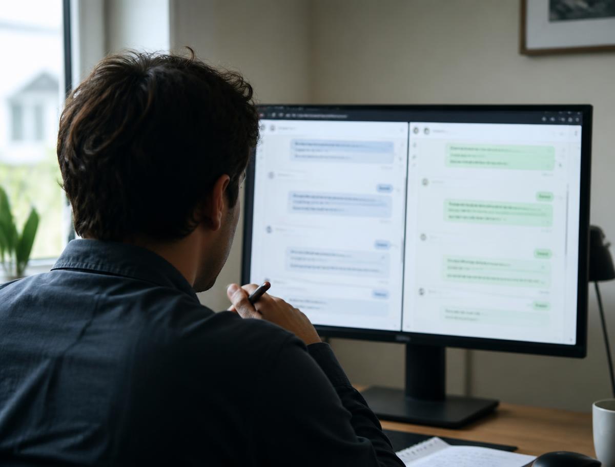 A person comparing two chat transcripts side by side on a wide monitor