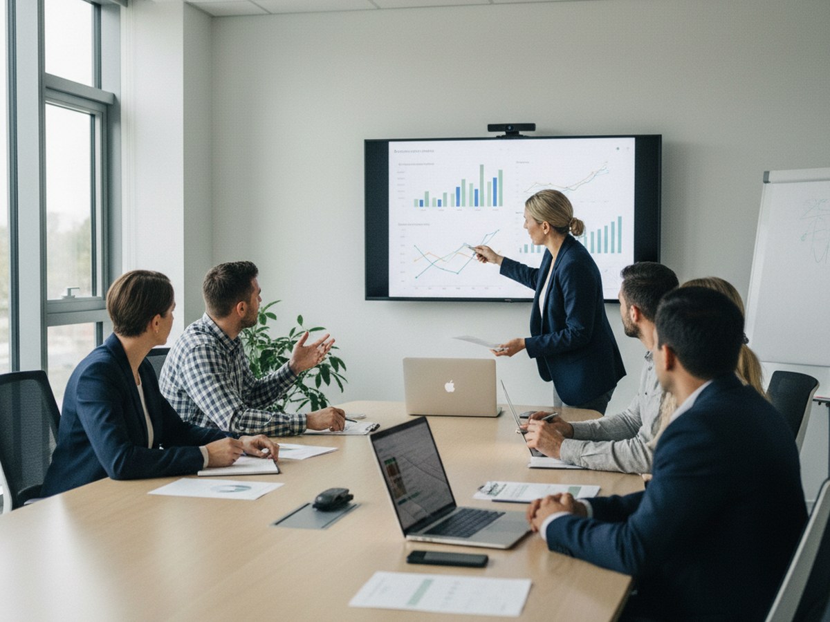 A team in a meeting room looking at charts on a wall-mounted screen showing performance trends