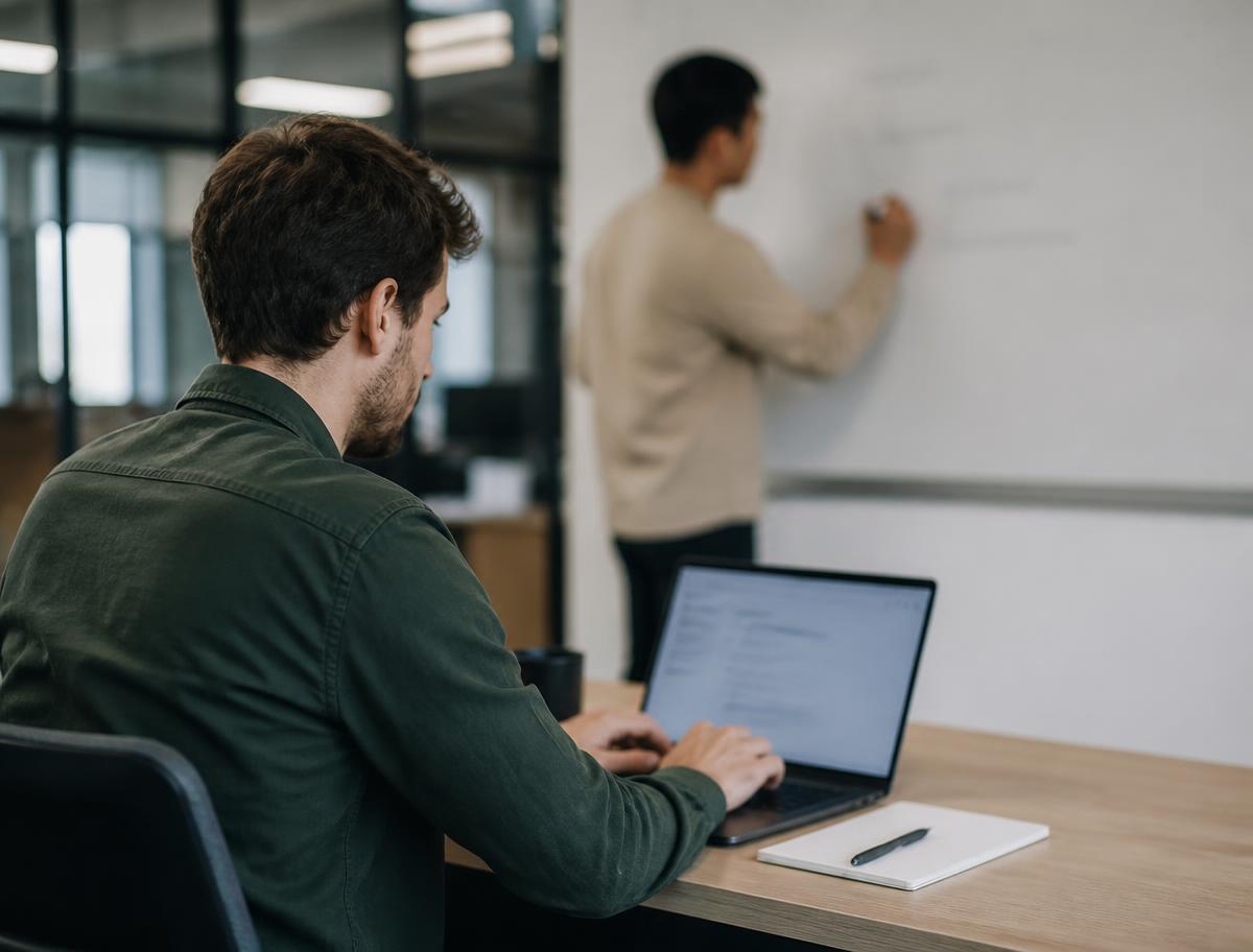 A colleague testing an assistant on a laptop while another records results on a whiteboard