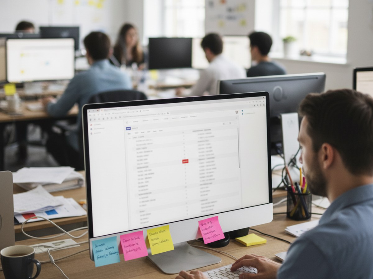 An AP specialist reviewing a queue of flagged invoices on a monitor, sticky notes on the desk edge
