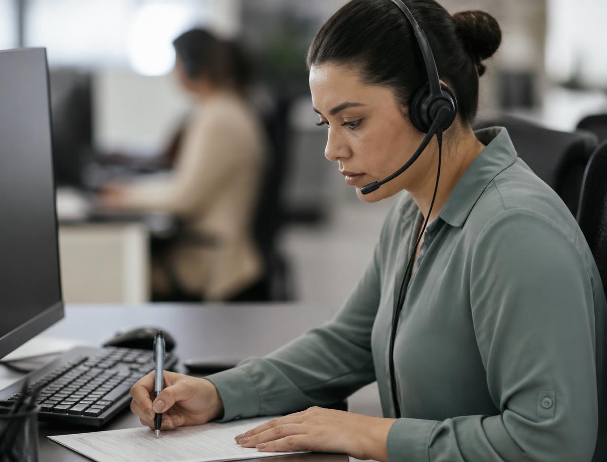 A medical billing specialist on a headset call taking notes on a form