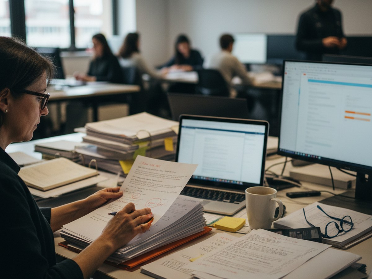 A subject-matter expert reviewing a marked-up draft proposal section at their desk