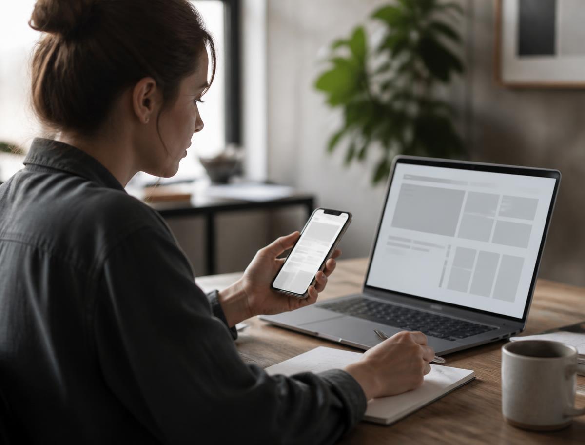 A marketer comparing an on-screen message on a phone with a laptop layout