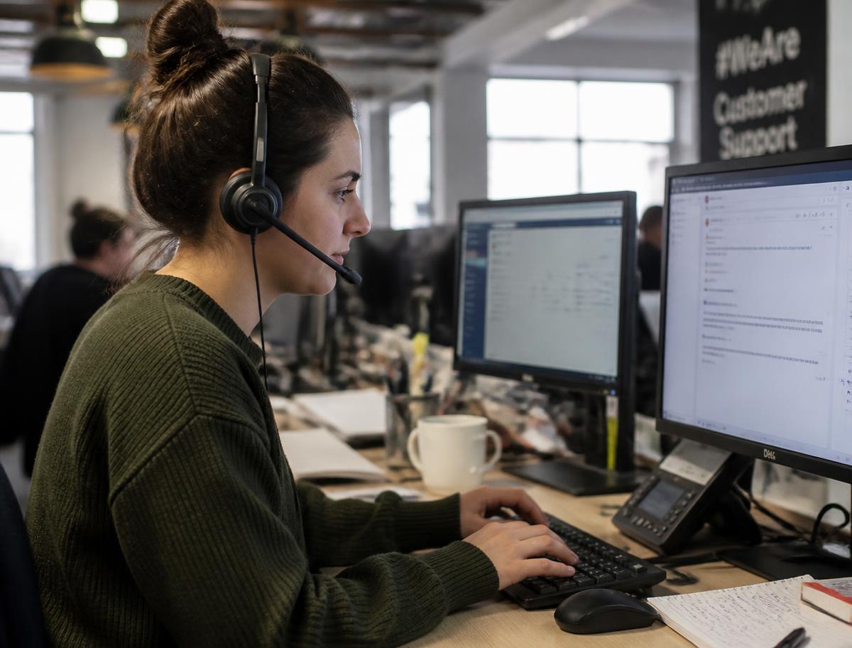 A support agent wearing a headset while typing a reply on a computer