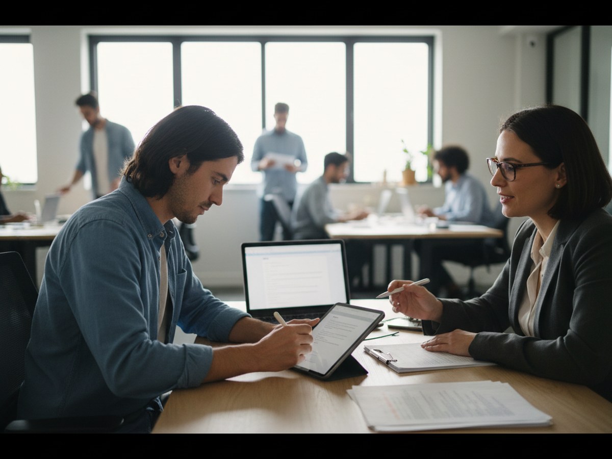 A new hire signing paperwork on a tablet across from an HR representative at a desk