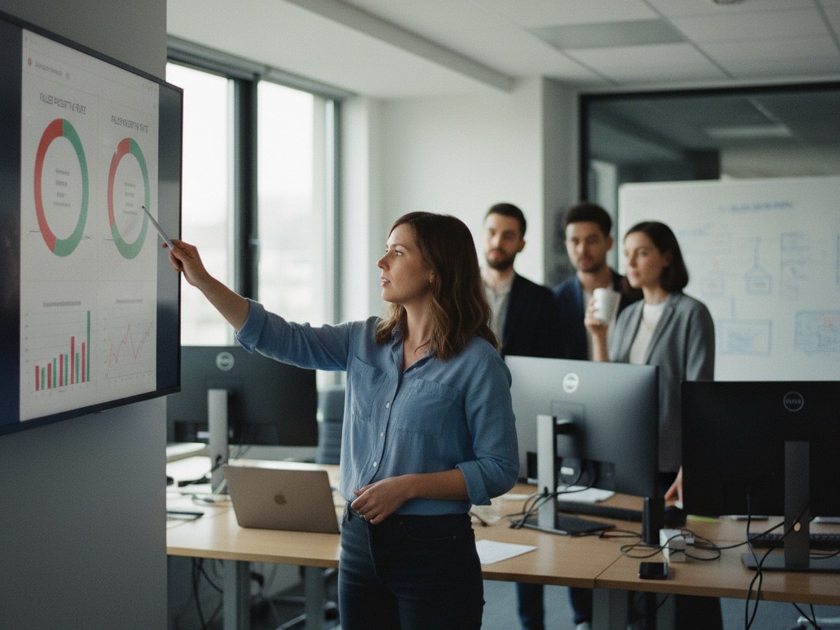 An analyst pointing at a dashboard showing false positive and false negative rate charts
