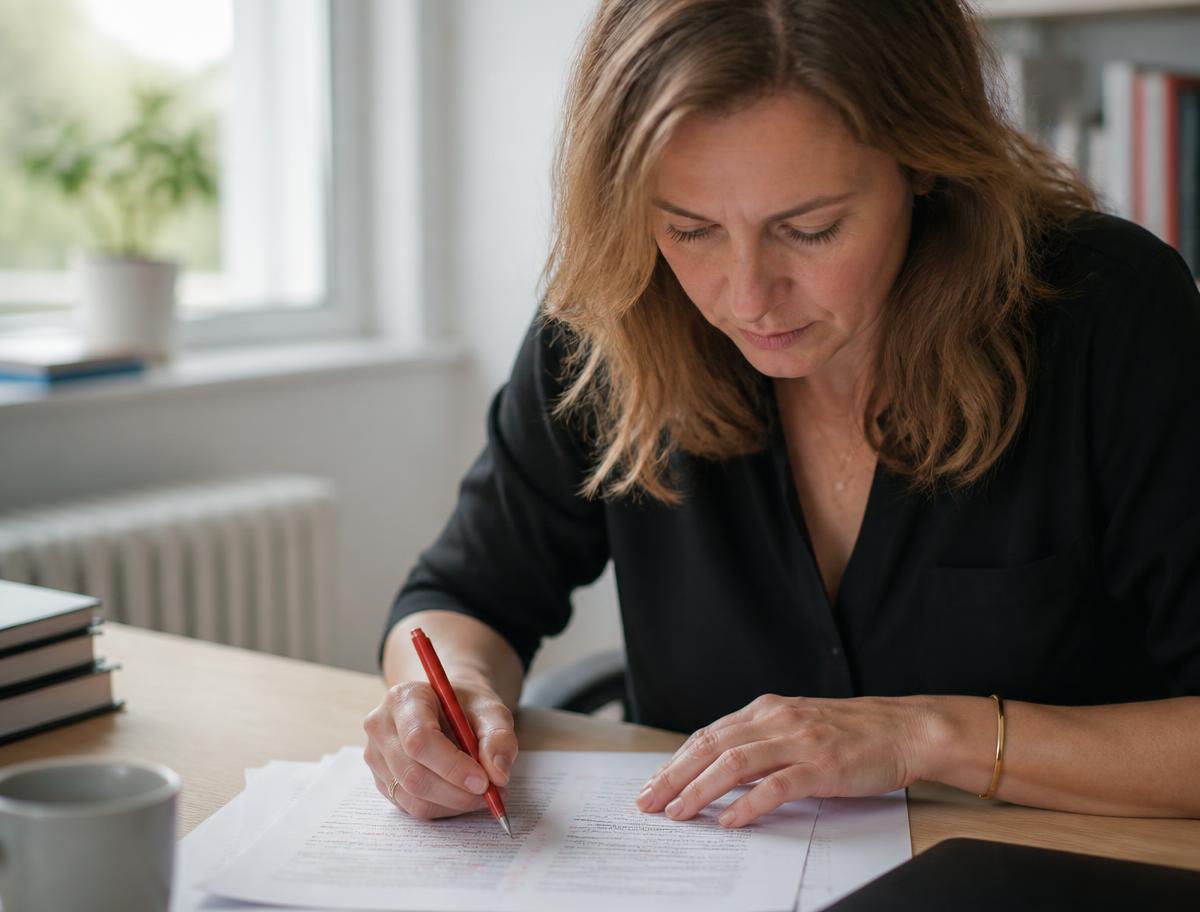 A native-speaker reviewer marking corrections on a printed translated page