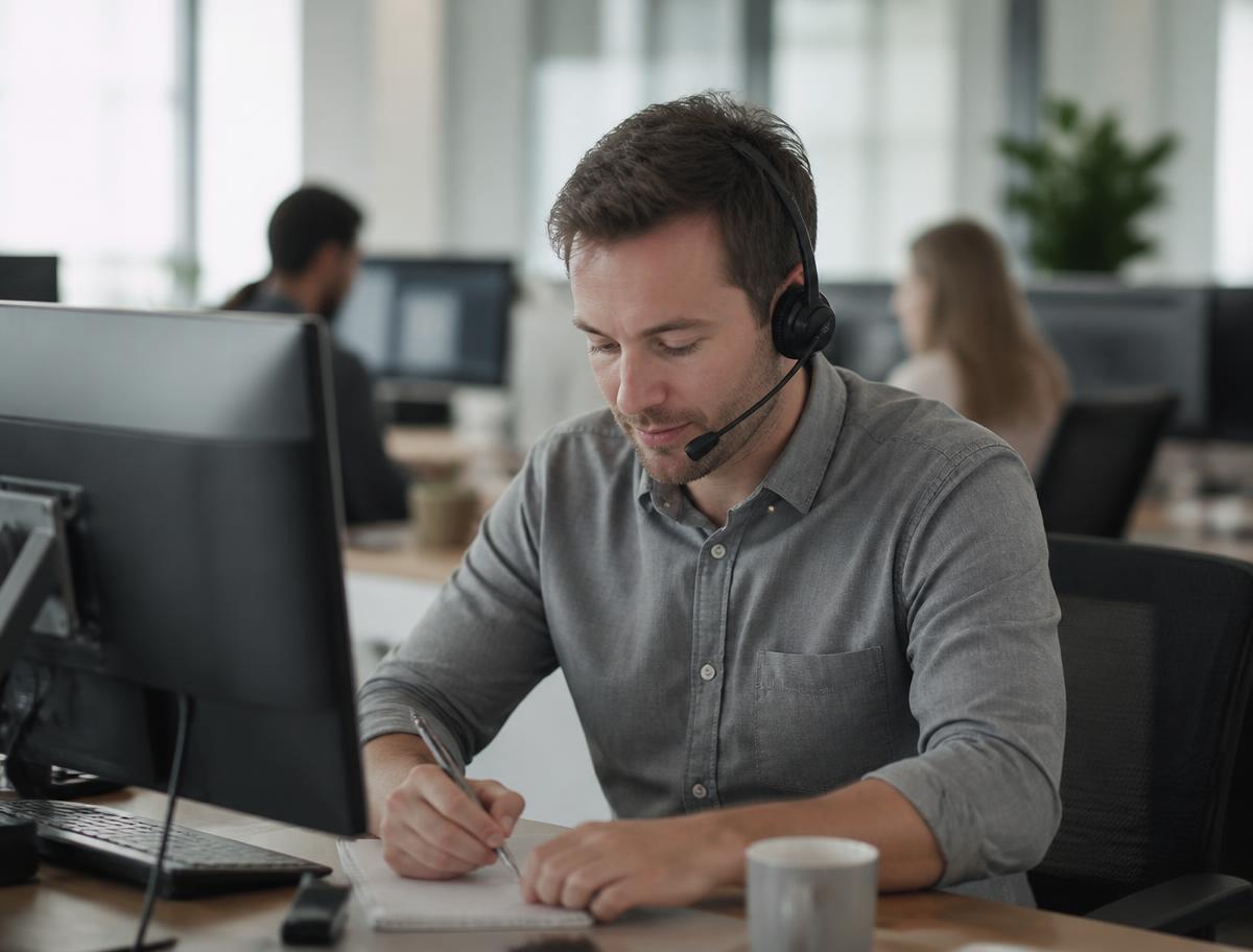 A salesperson on a headset call taking notes at an open-plan desk