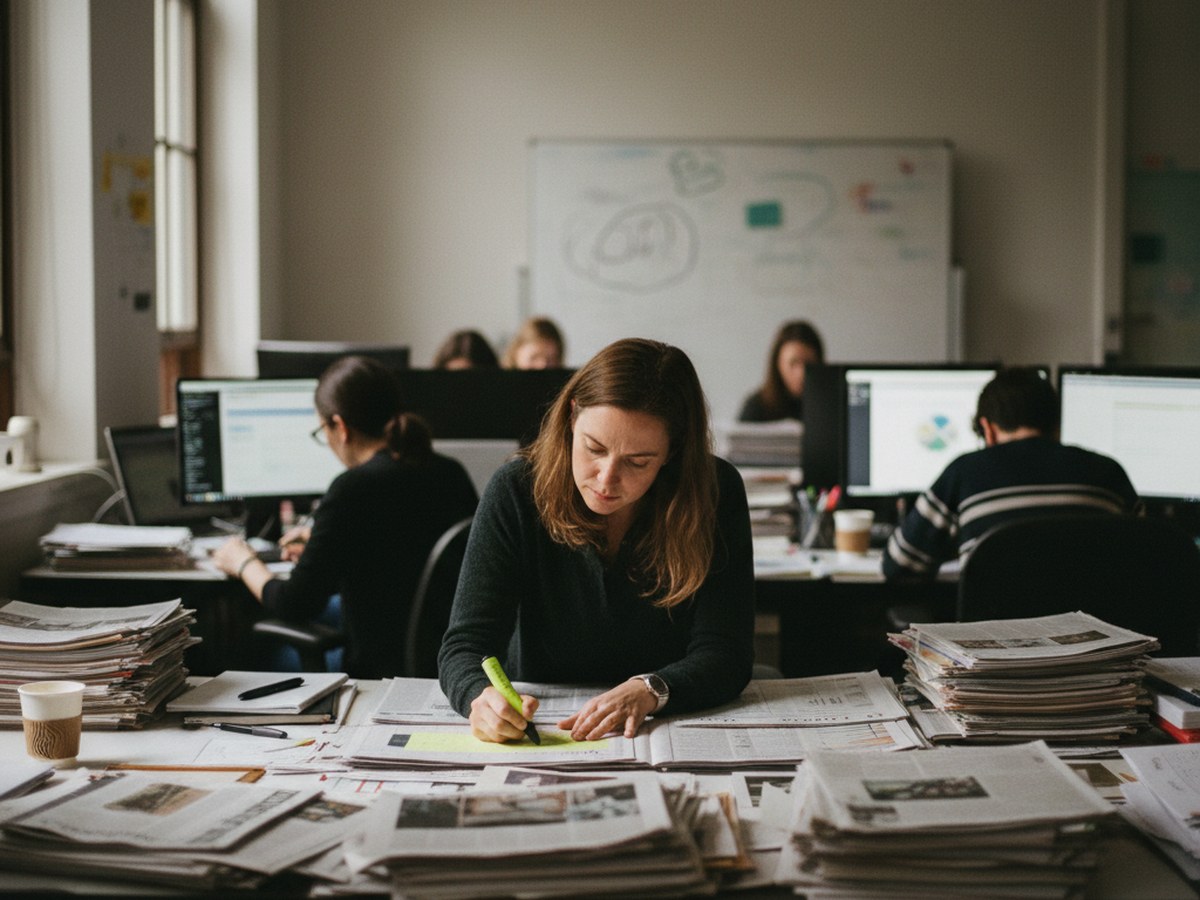 A researcher at a newsroom-style desk scanning multiple printed articles and highlighting passages