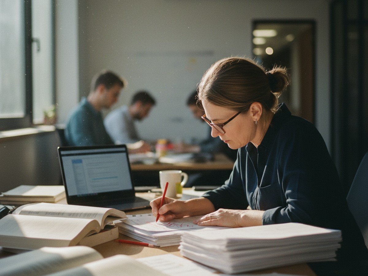 A subject-matter expert marking up a printed draft article with a red pen at their desk