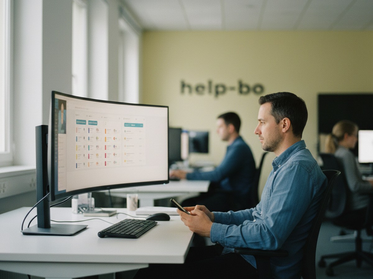 A support lead watching a live queue of unresolved chat conversations on a wide monitor, phone in hand
