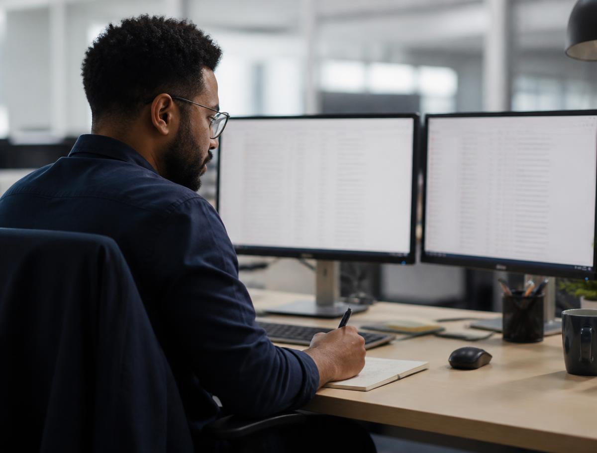 An analyst scanning a long list of exceptions across two monitors