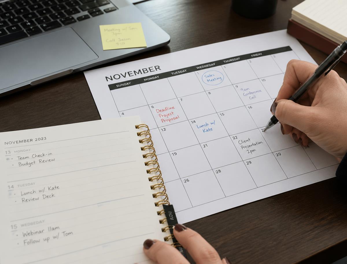 A close-up of a desk planner and calendar being marked up next to a laptop