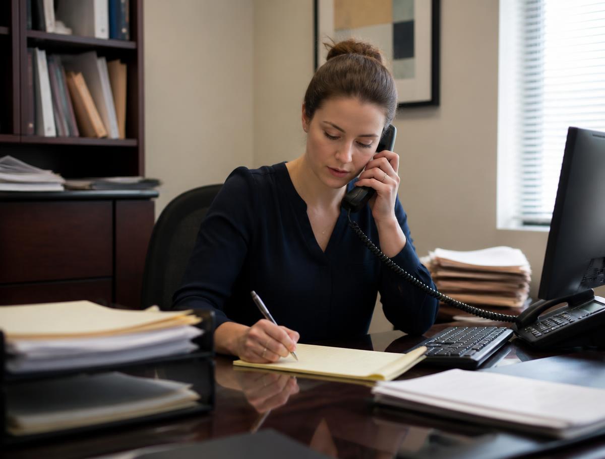 A legal assistant on the phone writing details on a notepad