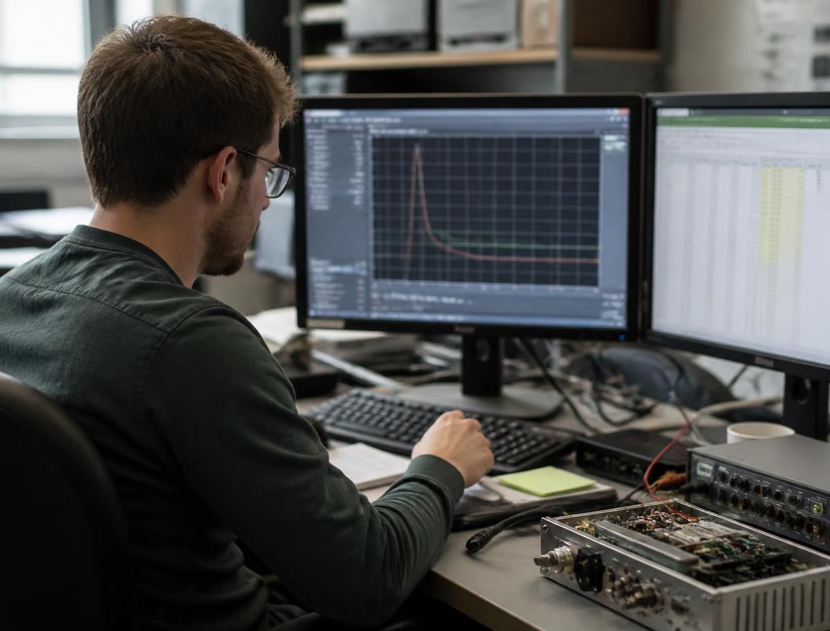 An engineer scoring repeated test runs in a spreadsheet on a second monitor