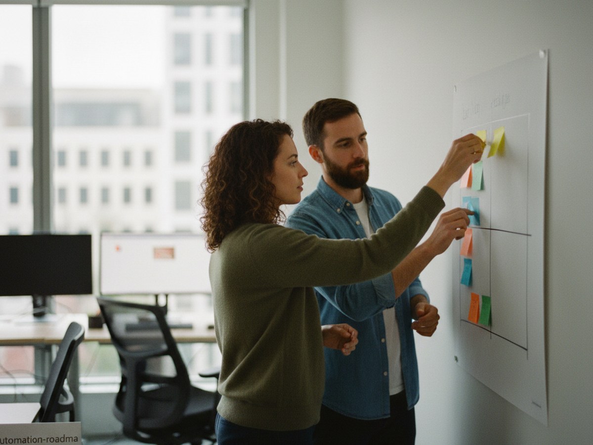 Two colleagues arranging sticky notes on a wall into a 2x2 effort-versus-impact grid