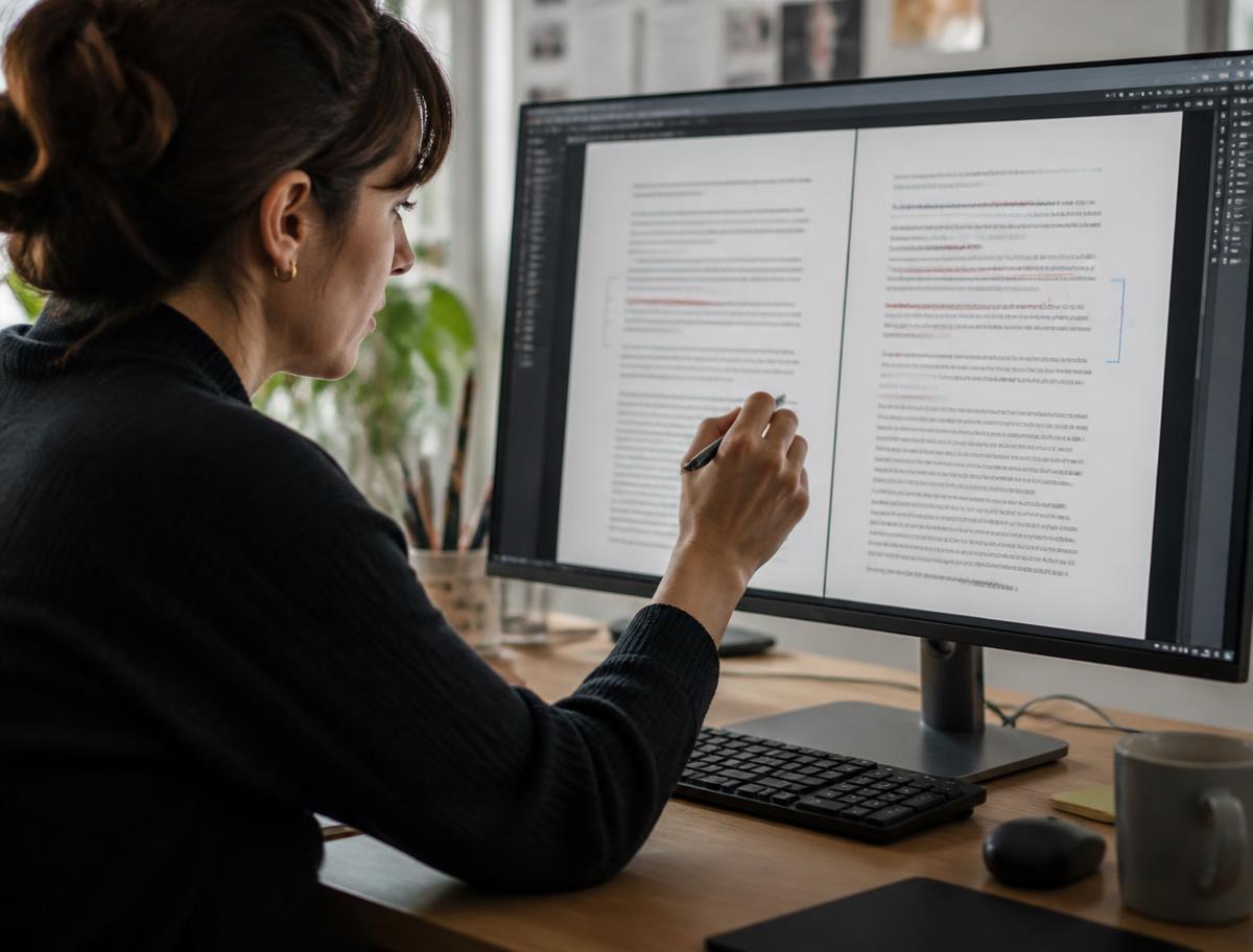 A woman comparing two versions of a written draft side by side on a monitor