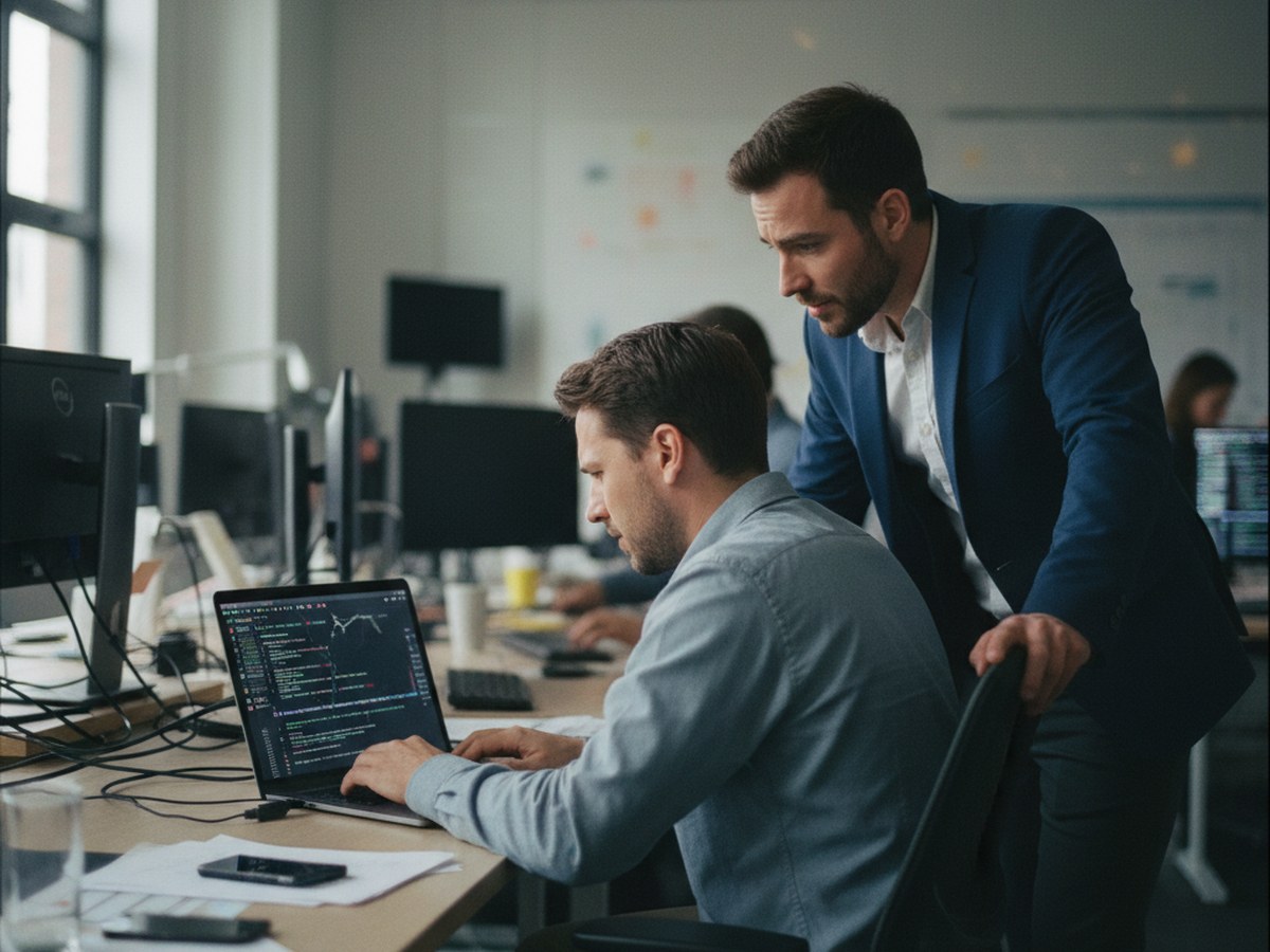 A engineer testing a failed agent output on a laptop while a colleague looks over their shoulder
