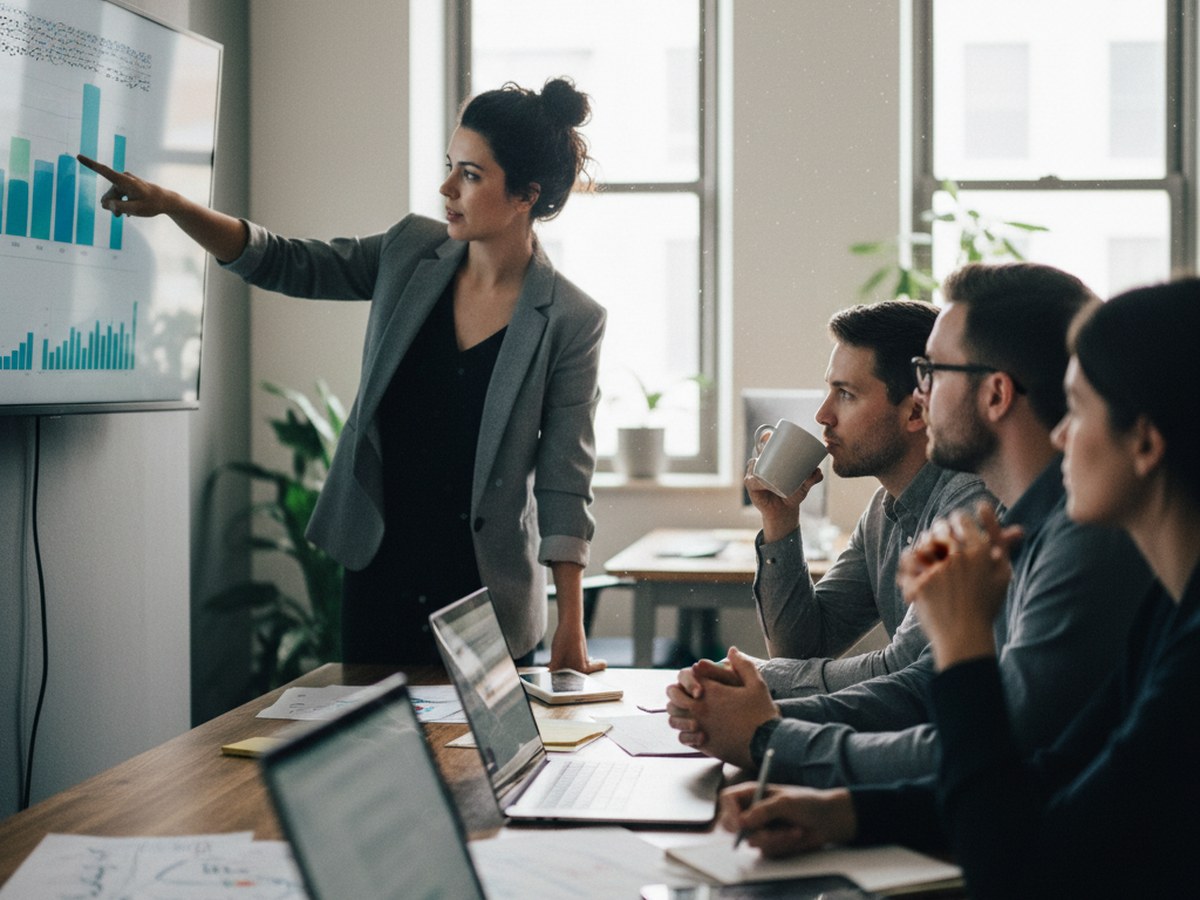 A team lead pointing at a spend dashboard showing automation platform and API costs on a monitor