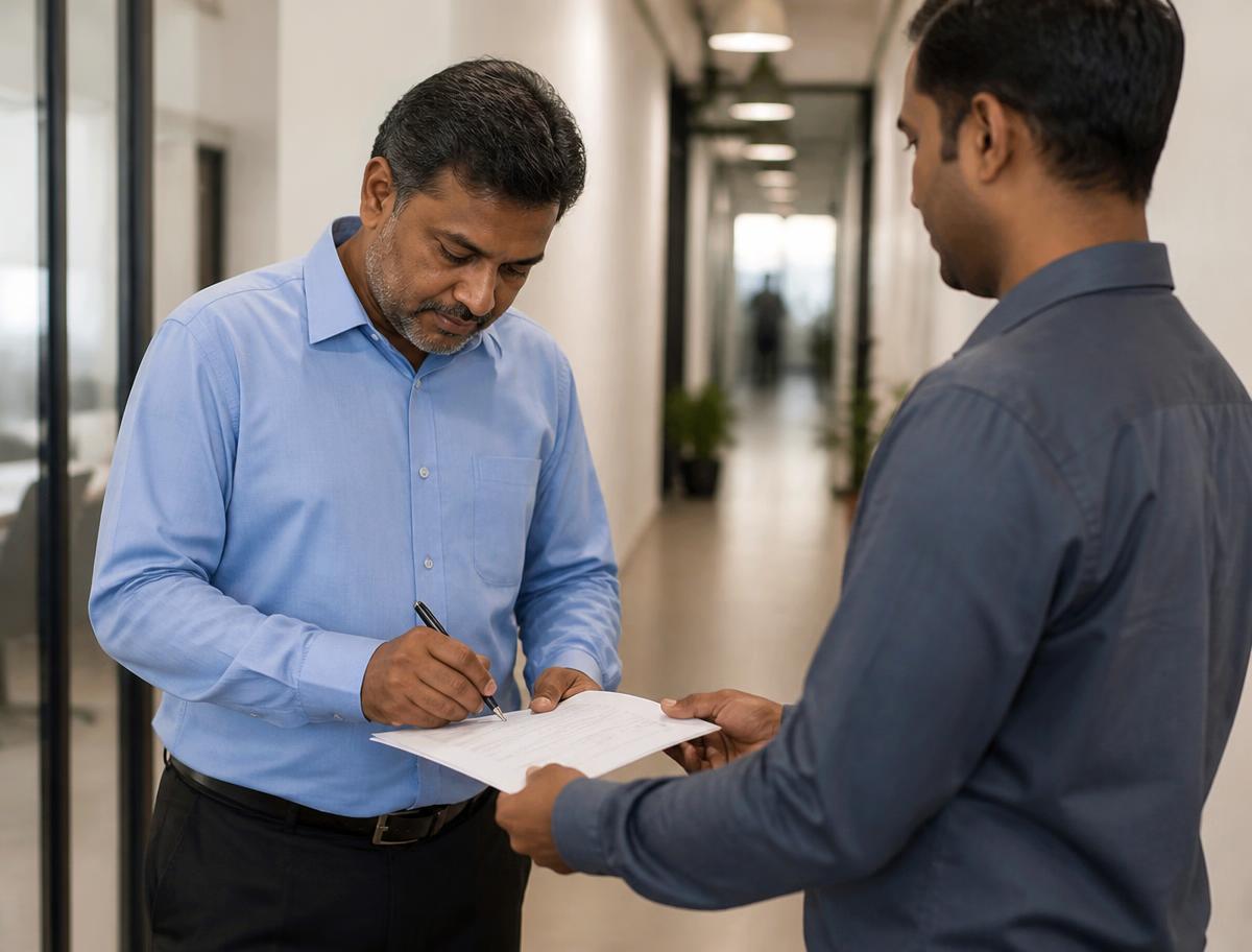 A manager signing off a printed exception report handed over by a colleague