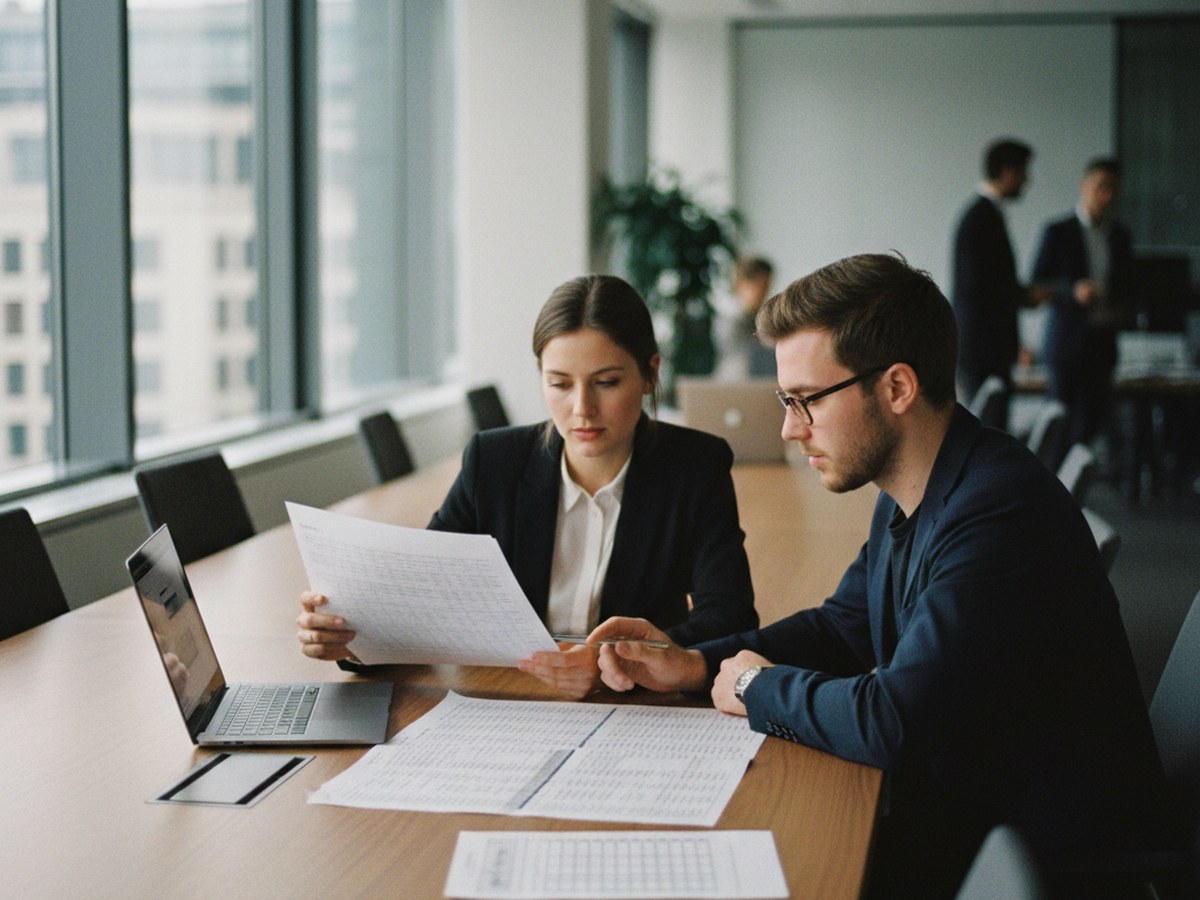 Two colleagues checking a compliance checklist against a mandatory-requirements list on paper