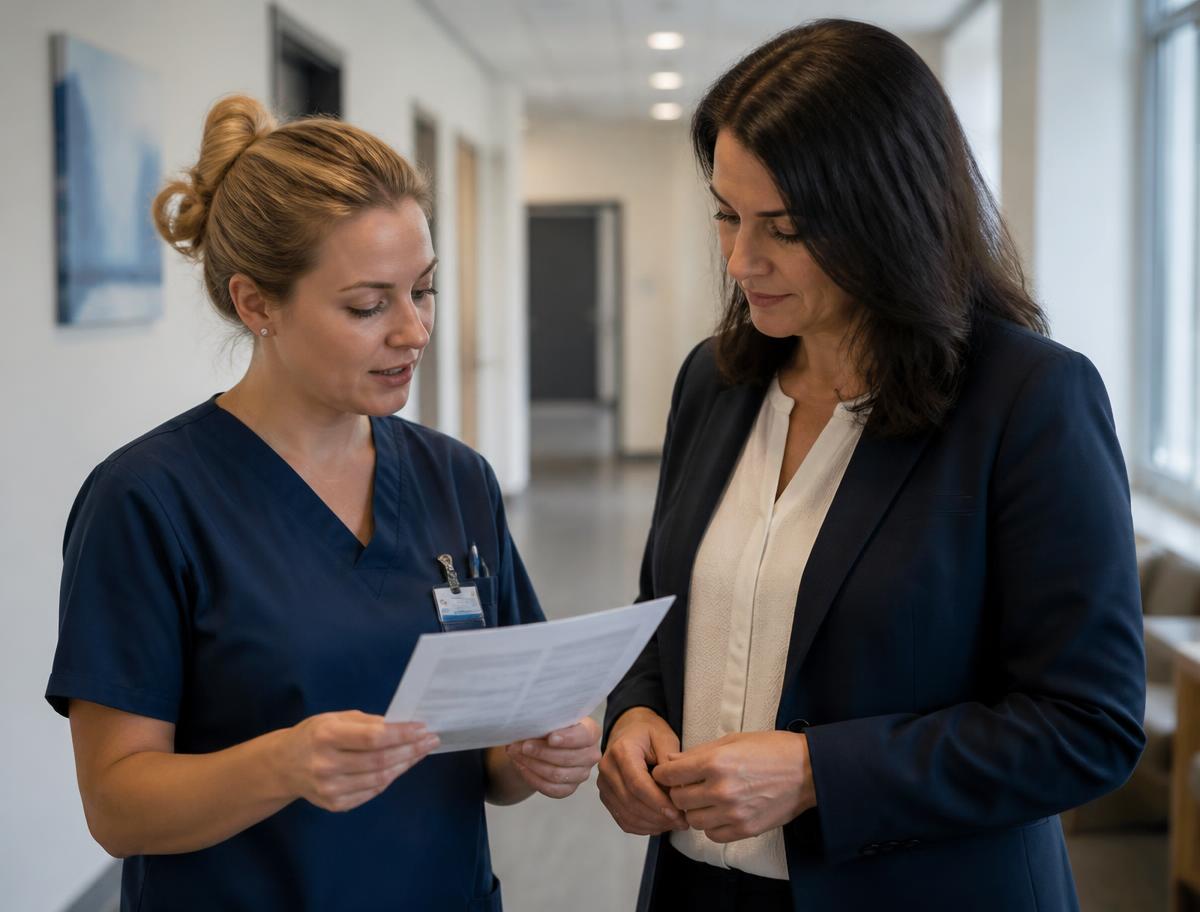 A nurse and an administrator conferring over a printed approval sheet in a clinic corridor