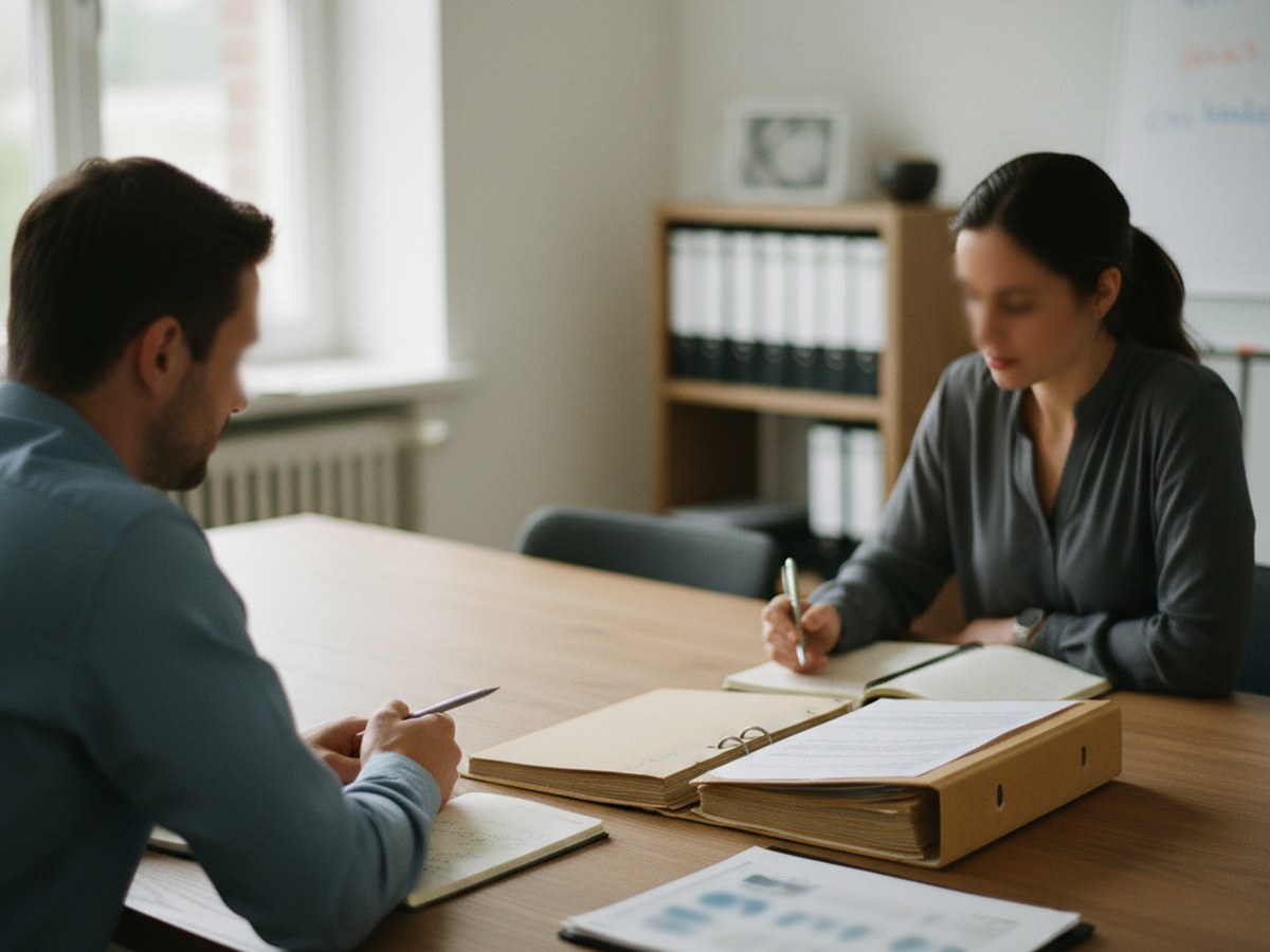 Two colleagues in a quiet room discussing a sensitive case file with notepads, faces not shown