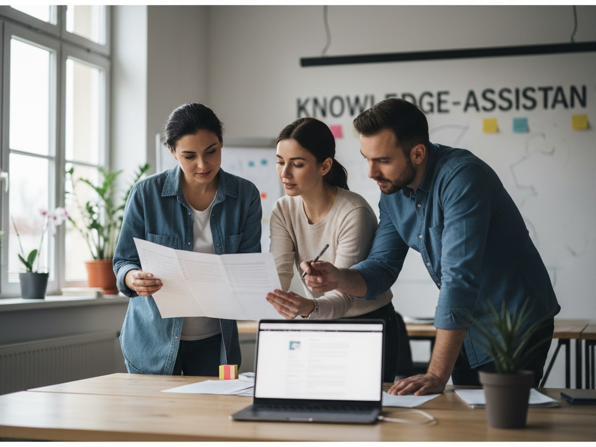 A small team running through a printed checklist of test questions in front of a laptop before a rollout