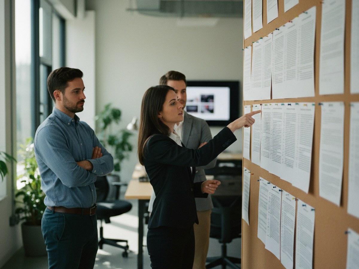 A small team reviewing a printed list of unanswered customer questions pinned to a corkboard