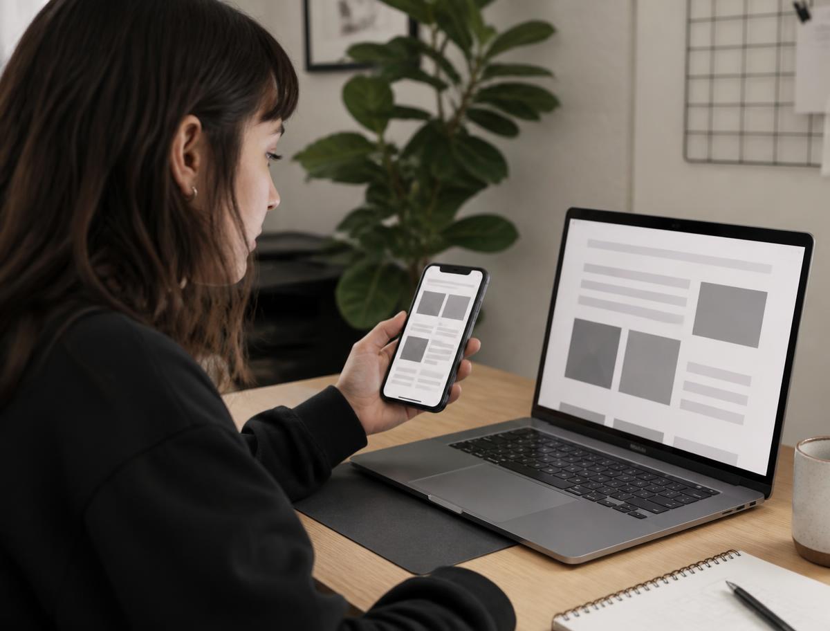 A designer checking a layout on a phone and laptop where text lengths differ
