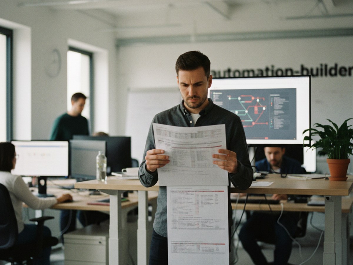 A person reviewing an error log printout at a standing desk
