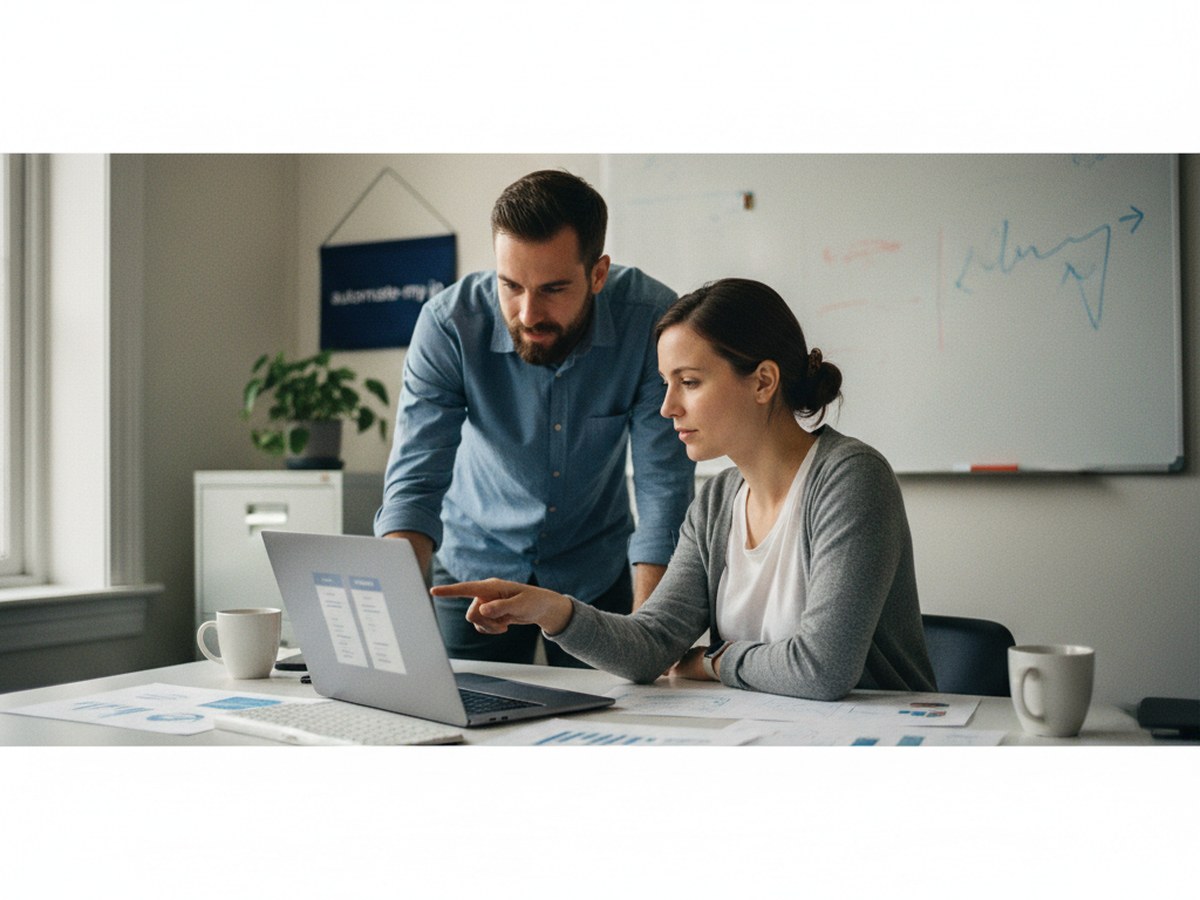 A manager and employee reviewing a before-and-after time log on a laptop in a small office