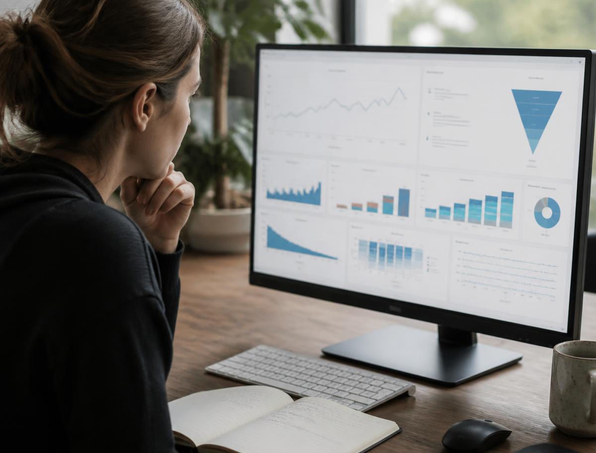 A growth analyst studying a conversion dashboard with a notebook of hypotheses open