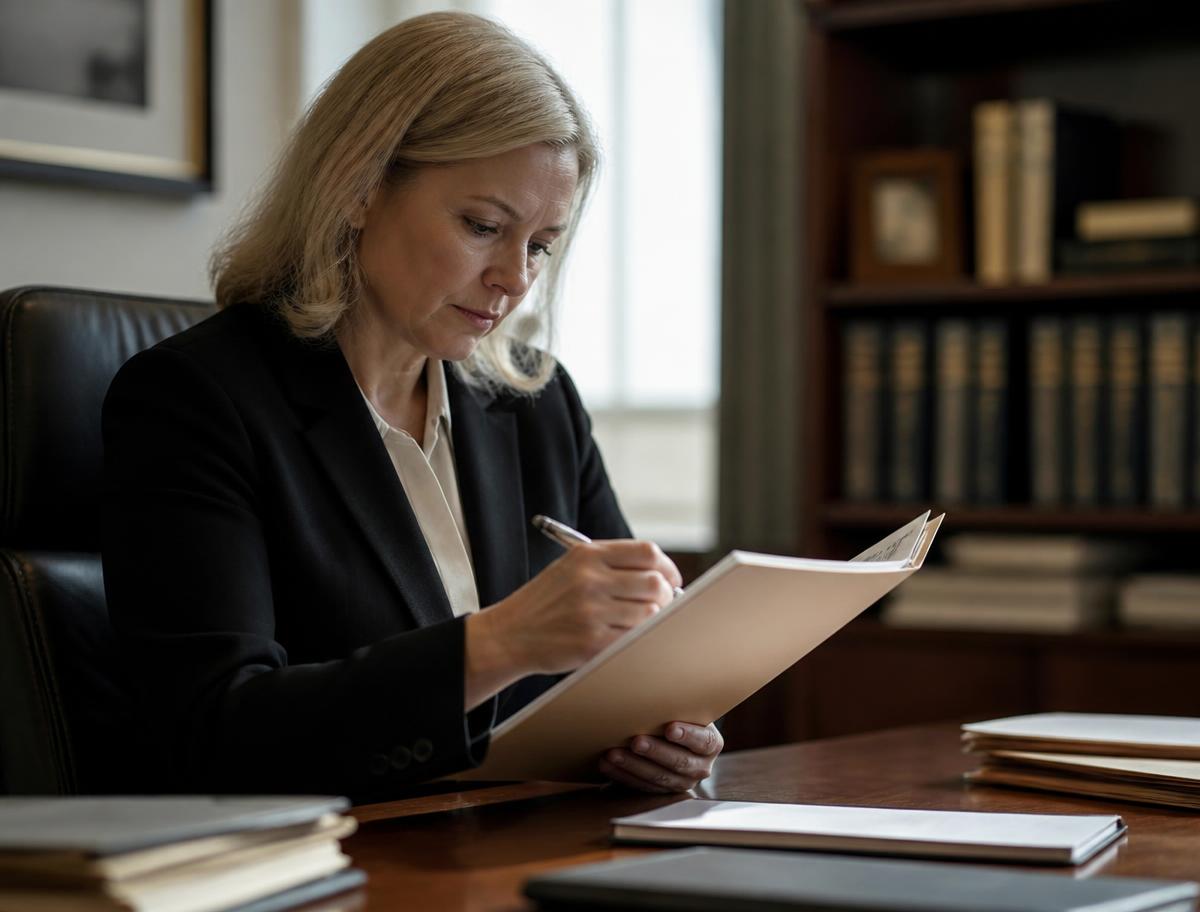 An attorney reviewing a case file and marking a checklist